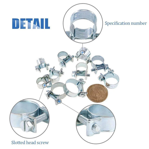 120 Pcs 10 Size Mini Fuel Injection Style Hose Clamp Assortment Kit showing various sizes and details with specification number and slotted screw.