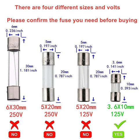 Comparison of four glass fuses in different sizes and volts, highlighting the 3.6x10 mm 2.5A 125V fast-blow fuse for electronics projects.