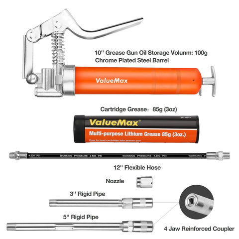 Mini Grease Gun Kit 3500 PSI with 3 oz grease, 12 inch flexible hose, 3 inch and 5 inch extension tubes, pistol grip displayed