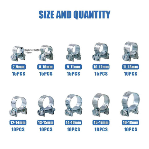 Front view of 120 Pcs 10 Size Mini Fuel Injection Style Hose Clamp Assortment Kit For Diesel And Petrol Pipes with size range 7-9mm to 16-18mm
