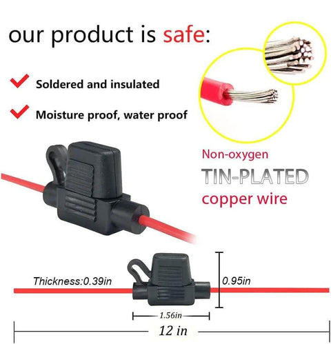 Waterproof Mini Inline Fuse Holder with 12 inch 18 Gauge IP65 Wire, non-oxygen tin-plated copper, sodlered, insulated.