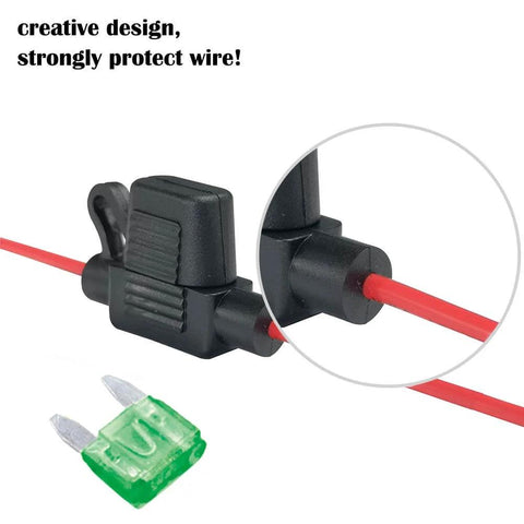 Close-up of Waterproof Mini Inline Fuse Holder With 18 Gauge Wire 12 Inches Long IP65 Dust And Moisture Protection shown with a blade fuse.