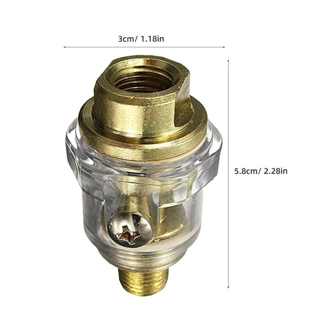 Two Pack Mini One Quarter Inch In Line Pneumatic Oil Lubricator Oiler for Air Tools and Compressors, metal and clear design, measurements shown