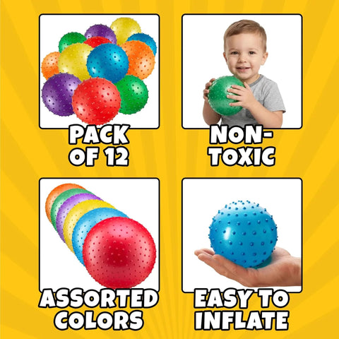Mini Knobby Balls - (Pack of 12) Bulk 5 Inch Sensory Balls and Spiky Massage Stress Balls with Pump, shown in assorted colors.