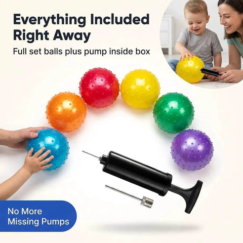 Mini Knobby Balls - (Pack of 12) Bulk 5 Inch Sensory Balls and Spiky Massage Stress Balls with Pump; rainbow colors with pump included