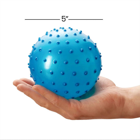 Person holding a 5-inch blue Mini Knobby Ball from the Pack of 12 Bulk Sensory Balls and Spiky Massage Stress Balls with Pump.