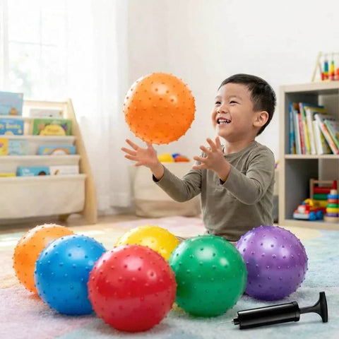 Child playing with Mini Knobby Balls - (Pack of 12) Bulk 5 Inch Sensory Balls and Spiky Massage Stress Balls with Pump in bright colors.