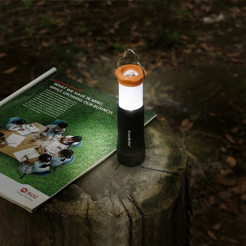 2 In 1 Mini Lanterns And Flashlights With 3 Modes And Zoomable LED Beams on a tree stump outdoors