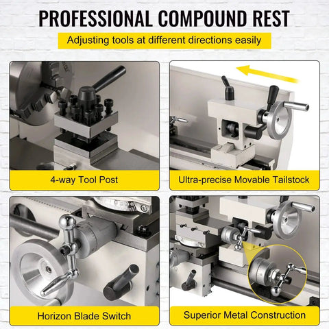 8 X 14 Inch Mini Metal Lathe With Variable Speed 2250 RPM 600W Motor showing compound rest, tool post, and tailstock for precision machining