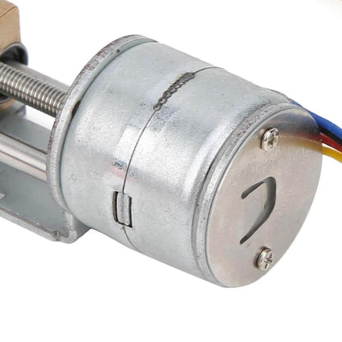 Close-up of mini linear lead screw nut slider 2‑phase 4‑wire stepper motor showcasing metal structure and wiring