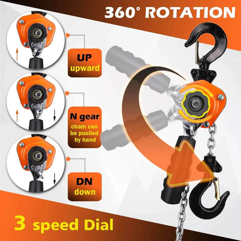 Illustration of One Quarter Ton Mini Lever Block Chain Hoist With 360 Degree Hook Manual Ratchet Hoist showing 3 speed dial rotation.