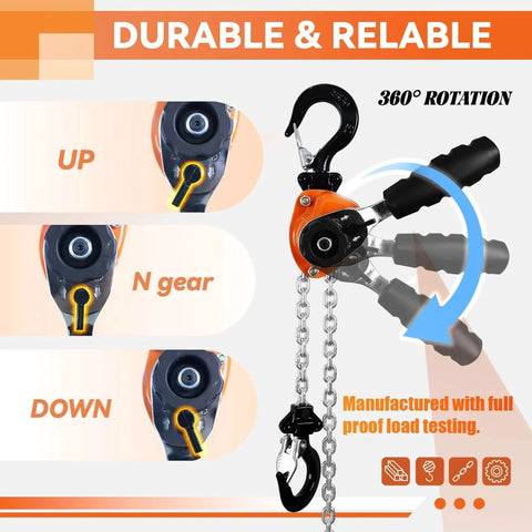 Image showing mini lever chain hoist with safety hooks, manual operation, and 360-degree handle rotation, labeled as durable and reliable.