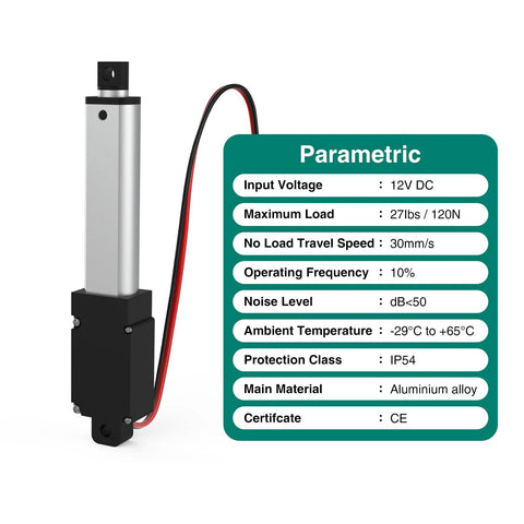 Side view of mini linear actuator 125mm stroke, 120N, 12V DC, aluminium alloy body with mounting bracket