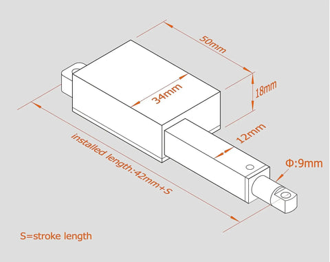 Technical diagram of Mini Linear Actuator With 1.2 Inch Stroke And 22 Lb Thrust For Window Opener DIY Projects showing dimensions.