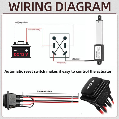 Wiring diagram for Mini Electric Linear Actuator AWINLI 12V 2 Inch Stroke with control switch and wiring connectors.