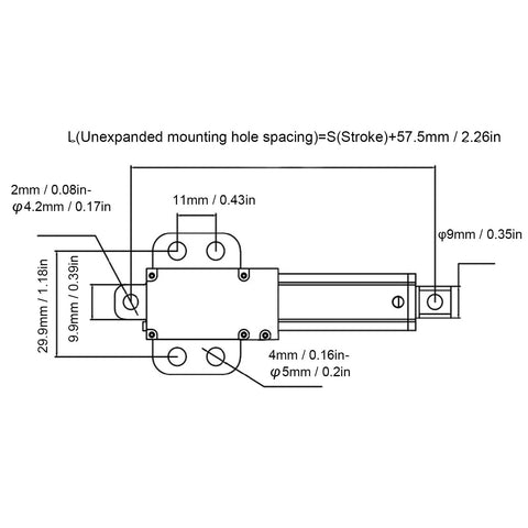 Mini electric linear actuator line drawing showing mounting holes and dimension notes