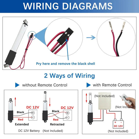 Wiring diagrams for Tiny But Mighty 12V Mini Linear Actuator with 0.4 inch stroke showing two ways of installation with and without remote control.
