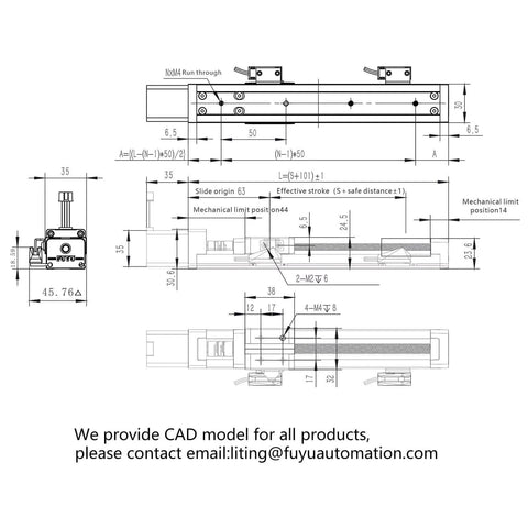 Technical drawing of Mini Linear Motion Guide Actuators Linear Rail Ball Screw Small Linear Motorized Nema 14 2-Phase Stepper Motor 100mm Stroke.
