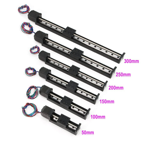 Assorted linear rail guides with stepper motors for CNC projects, featuring 300mm effective travel length and other size variants.