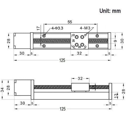Technical drawing of Mini Linear Rail Guide Small Sliders Lead Screw T6x1 with Nema 11 Stepper Motor for CNC Router Parts