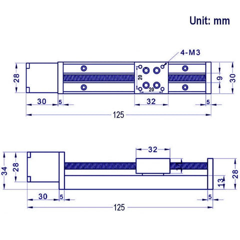 Technical drawing of Mini Linear Rail Guide Small Sliders Lead Screw T6x1 with Nema 11 Stepper Motor for CNC Router Parts, dimensions in mm.