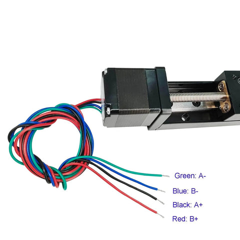 Mini Linear Rail Guide Small Sliders Lead Screw T6x1 with Nema 11 Stepper Motor showing wiring colors and connections.