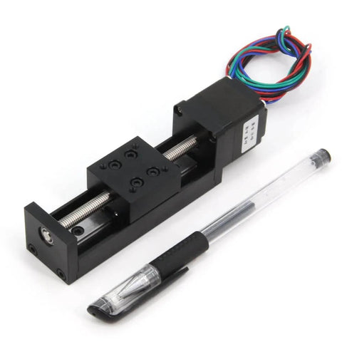 Mini Linear Rail Guide Small Sliders Lead Screw T6x1 with Nema 11 Stepper Motor, shown next to a pen for size comparison.