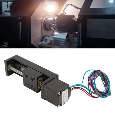 Mini Linear Rail Slide Actuator - 50mm Stroke Alloy Stepper Motion Stage with 1 Piece Screw Rod, wires visible, and CNC machine background.