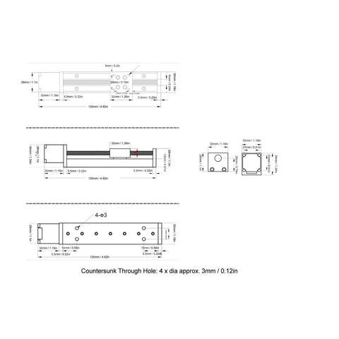 Technical diagram of Mini Linear Rail Slide Actuator - 50mm Stroke Alloy Stepper Motion Stage with 1 Piece Screw Rod dimensions.