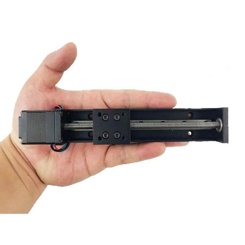 Hand holding Linear Rail 100mm Linear Stage Actuator with Square Linear Rails Mini Slide Table + NEMA 11 Stepper Motor for DIY CNC