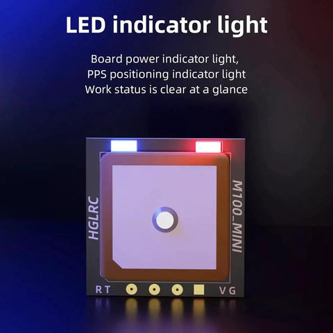 Close-up view of Mini M100 GPS Module For UBLOX Compatible With 2-7 Inch FPV Racing Drones showing LED indicator lights.