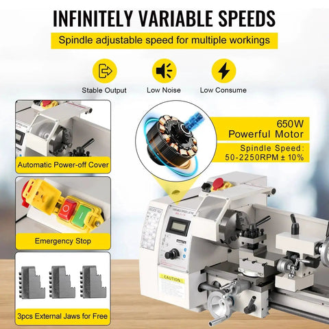 8 X 14 Inch Mini Metal Lathe With Variable Speed 2250 RPM 600W Motor, highlighting adjustable speed, emergency stop, and accessories