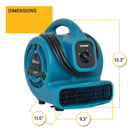 Mini Mighty 138 W Air Mover with 600 CFM centrifugal power for fast carpet drying, stackable design by XPOWER, shown side view