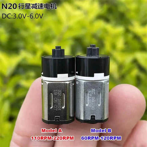 Two DC 3V 5V 6V Mini N20 Planetary Gearbox Gear Reducer Motors with Cross Shafts held by hand, Model A and Model B, speed 60-220RPM