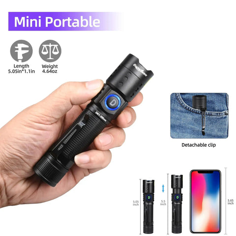 Hand holding Portable 395nm UV Flashlight Ultraviolet Black Light Mini USB Rechargeable With Metal Body next to phone and clip on jeans