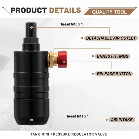 Product details for Mini Pressure Regulator Valve for Water Tanks and Air Cylinders, showing detachable air outlet and brass fittings.