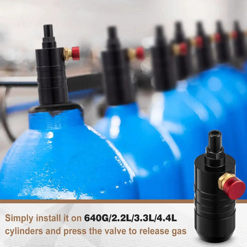 Mini Pressure Regulator Valve for Water Tanks and Air Cylinders, metal design, push button, installed on 640G, 2.2L, 3.3L, 4.4L tanks