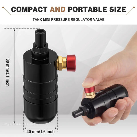 Compact Mini Pressure Regulator Valve with push button, portable metal air regulator for 640G, 2.2L, 3.3L, 4.4L tanks, 80x40mm size