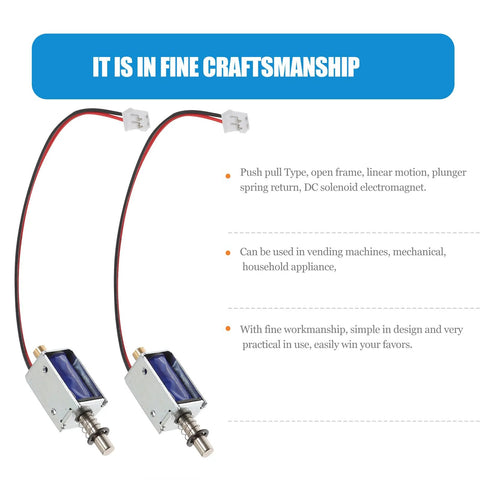TEHAUX mini push-pull solenoid electromagnet, 12V, open-frame metal housing; pair of actuators with red/black wires.
