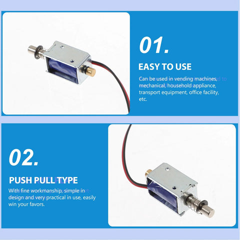 TEHAUX 12V mini push-pull solenoid electromagnet; open-frame actuator with silver housing, blue coil, brass plunger.