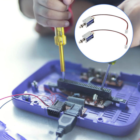 TEHAUX 12V mini push-pull solenoid electromagnet, open-frame actuator, on a circuit board; inset shows two solenoids.