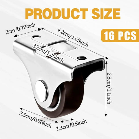 16 Pack Mini 1 Inch Rigid Caster Wheels Set With Iron Top Plate And TPR Wheels Low Profile Fixed Casters For Furniture DIY Projects