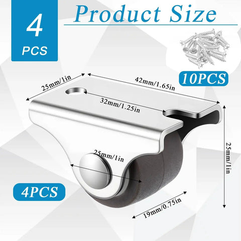 0.75 Inch Mini Rigid Caster Wheels Low Profile Set Of 4 Fixed Casters With Steel Top Plate Non Marking TPR Rubber, dimensions shown