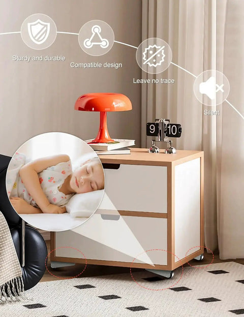 Nightstand with Four 0.9 Inch Low Profile Mini Casters Wheels for Furniture and DIY Projects, Rigid Long Frame Plate Caster shown installed.