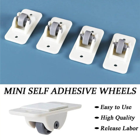 8 Pcs Mini Self Adhesive Wheels For Storage Bins And Boxes shown with four small plastic caster stick-on wheels, ABS and POM construction.