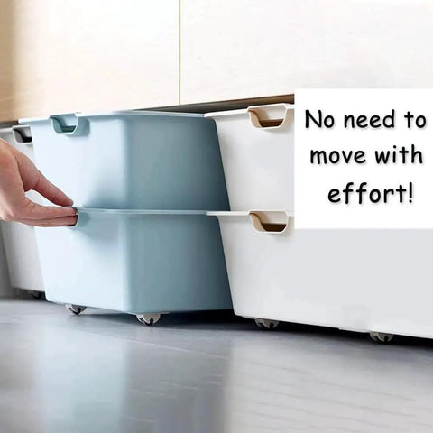 8 Pcs Mini Self Adhesive Wheels For Storage Bins And Boxes installed on plastic bins for easy mobility, side view