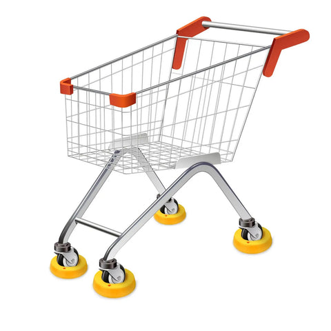 Shopping cart with orange handles and yellow wheel stoppers, on a white background.