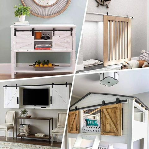 Four scenes showing the 6.6FT Super Mini Sliding Barn Door Hardware Kit for Single Cabinet Doors on TV Stands and Small Wardrobes in use.