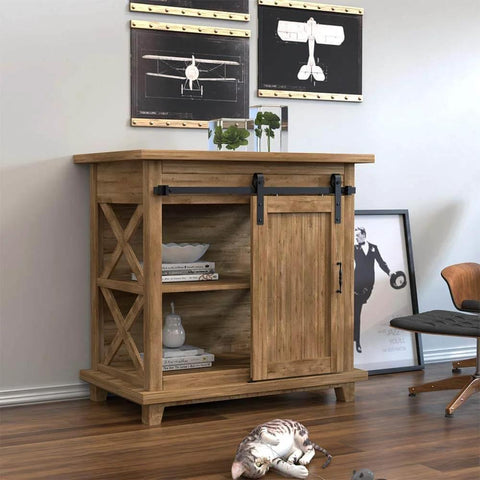 Side view of wooden cabinet with 4FT Super Mini Sliding Barn Door Hardware Kit for Single Door TV Stands, featuring frosted black finish.