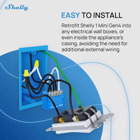 Gen4 1 Mini Smart Relay Switch with Wi Fi Zigbee and Matter support, 1 channel 8A dry contacts, shown installed in wall box.